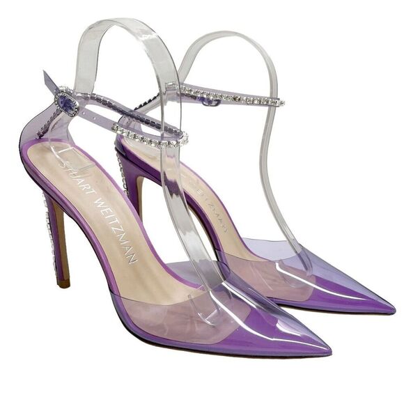 Stuart Weitzman Glam PVC Heels Women’s Size 9 Wisteria Ankle Strap Embellished - Picture 1 of 11